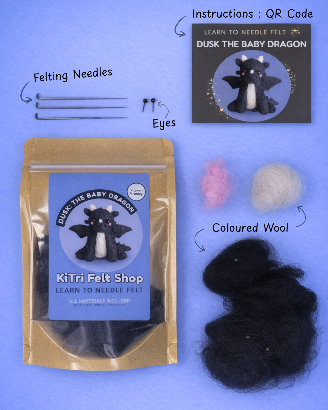 Needle Felting Kit- Dusk the Baby Dragon