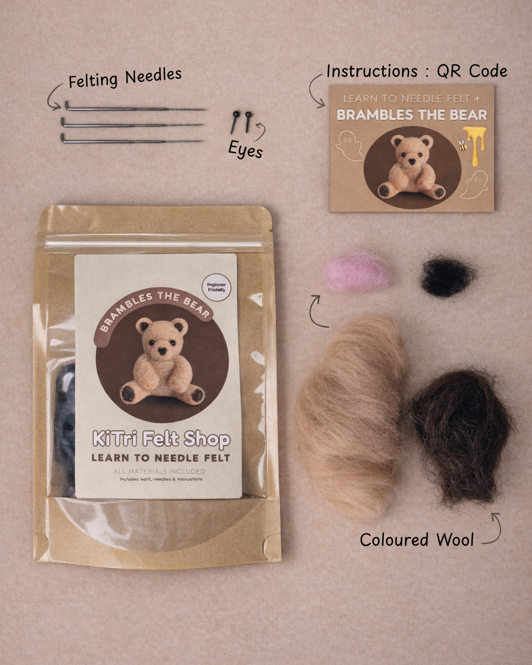 Beginner Needle Felting Kit – Brambles the Bear